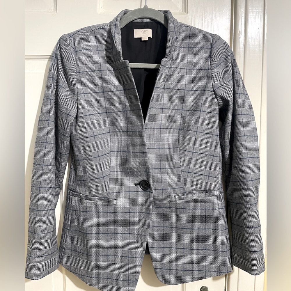 Loft Petite Blue and Grey Plaid Blazer